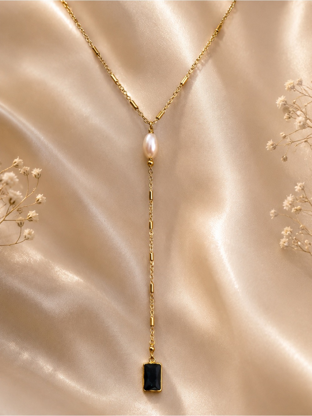 Gold Plated Pearl & Black Stone Lariat Necklace - Elegant Women's Jewelry 15”